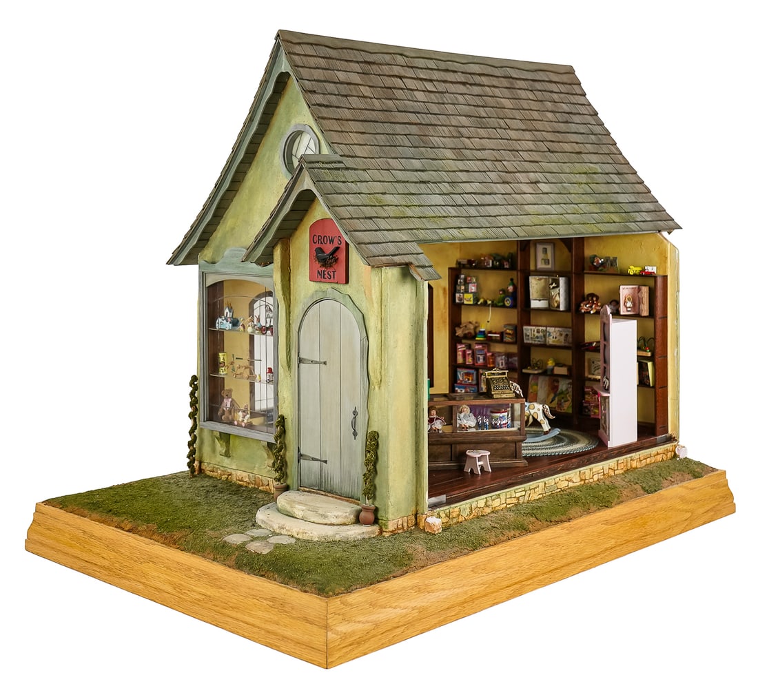 April & Ron Gill Toy Shop with Interior: 2006 April & Ron Gill Wildwood Dollhouses English cottage toy shop & interior "The Crow's Nest" with toys, labeled on base, excellent condition, 20" x 27" x 24"