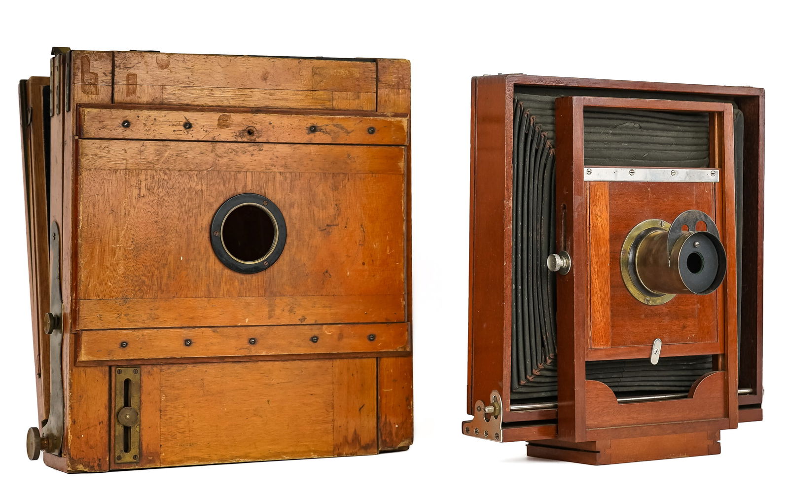 Two circa 1900 Large format Bellows cameras one an Anthony: Large Format Anthony Camera- with Anthony & Co Lens- Glass 6.5 x 8.5" - sold with a large format unmarked wooden bellows camera glass opening 6.5 x 9.5", widths 11 1/2", 12'