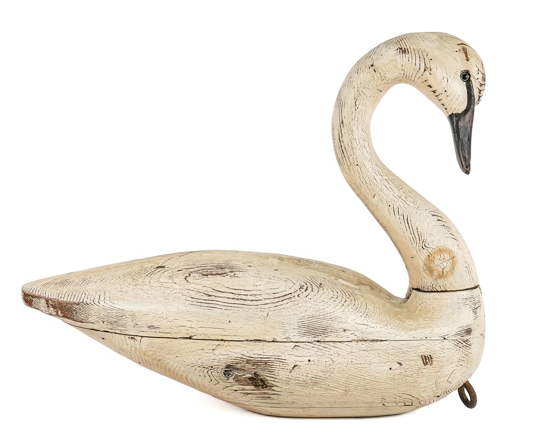 Mid 20th c Carved Swan Decoy: Mid 20th c carved swan decoy, signed Swan Quarter Carving Co, Crystal Lake, Illinois, ht 24", length 30"