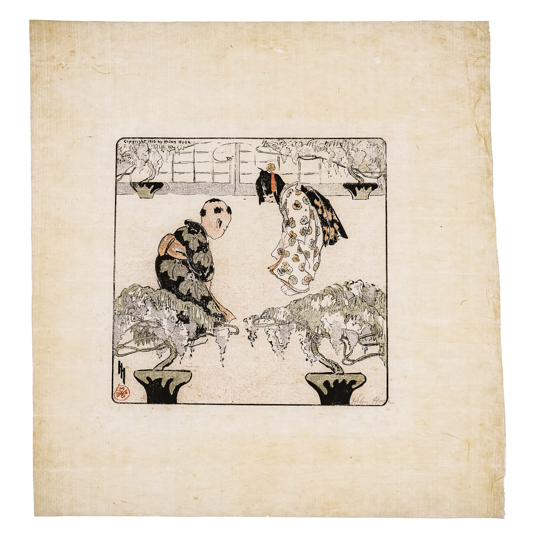 Helen Hyde (AM 1868-1919) Two Children Bowing: Helen Hyde (American 1868-1919) Two Children bowing woodblock on paper plate 6.5 x 6.5" pencil signed lower right sheet 12x 12"