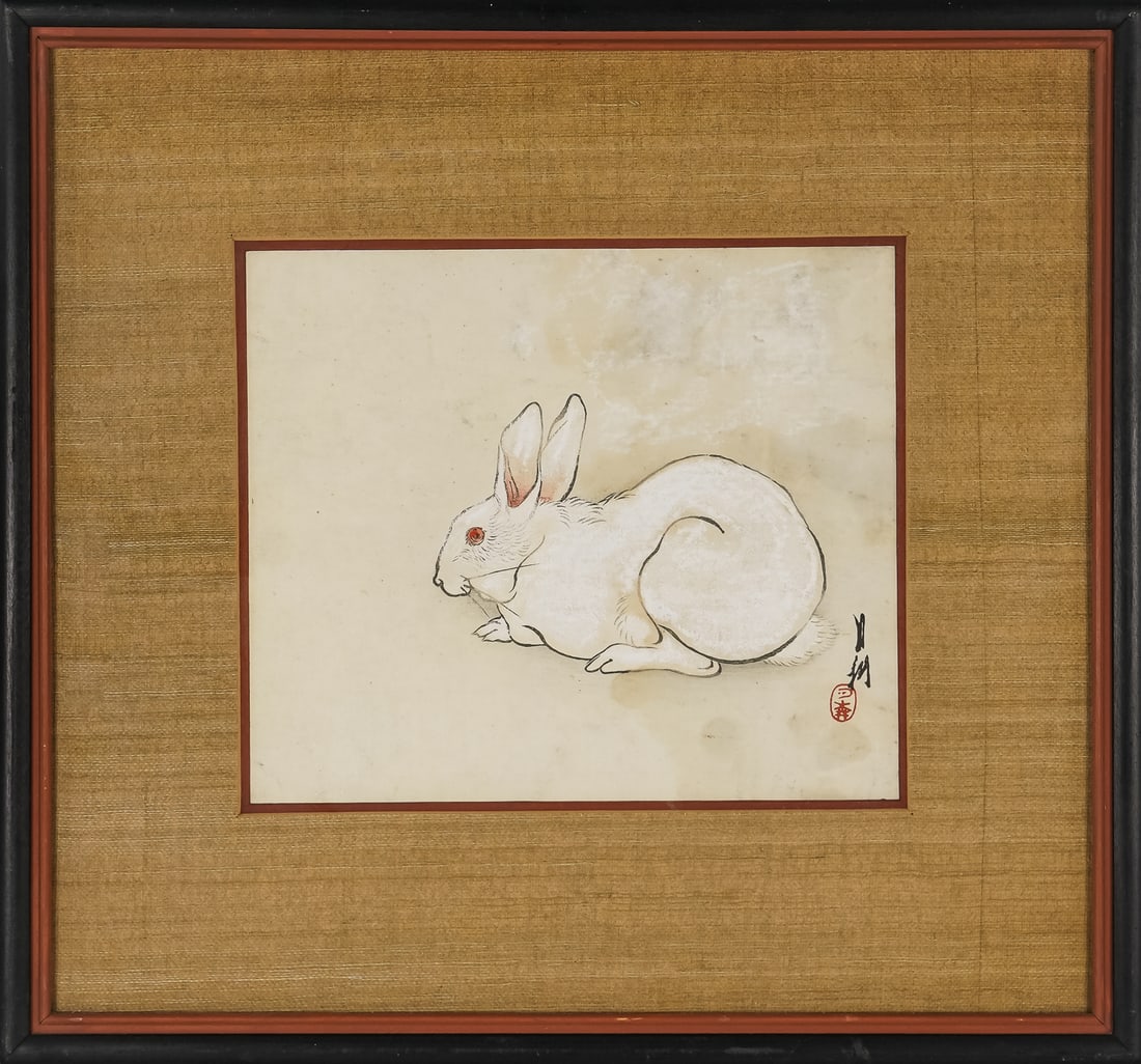 Ogata Gekko (JP 1859-1920) White Hare: Ogata Gekko (Japanese 1859-1920) White Hare Meiji Period Ukiyo-e woodblock print on paper signed in plate- 8.5 x 10"