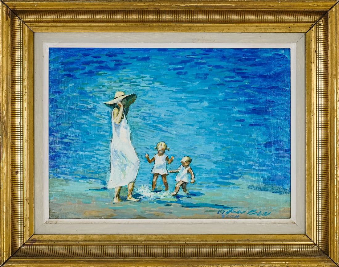 Fred Press (AM 1919-2012) Beach Scene: Fred Press (American 1919-2012) Splashing - acrylic on board- signed lower right dated 2004 - 10 x 14" 15 x 19" as framed.