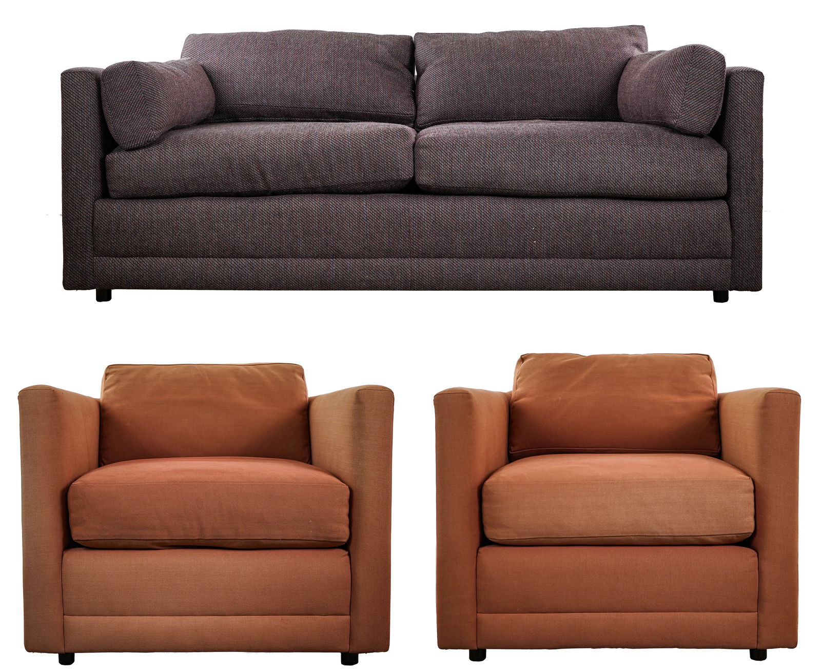 Lee Jofa Sofa & Club Chairs: Circa 1980 Lee Jofa Sofa set including a pair of club chairs in brickel fabric and sofa in purple fabric. Some sun fading. Sofa 72" x 35" x 30"h. Chairs 32" x 35" x 27"h.