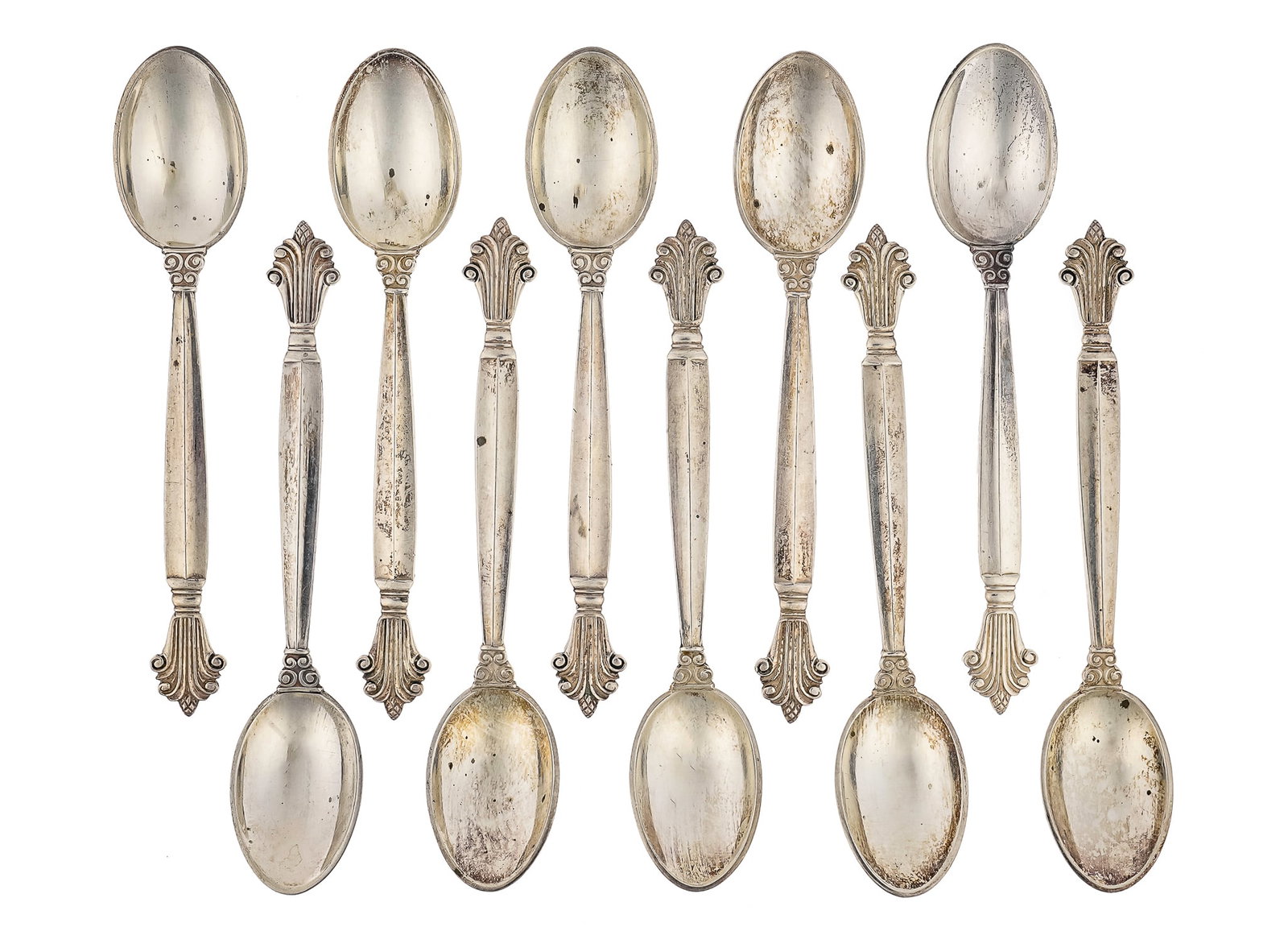 10 Georg Jensen Acanthus Sterling Coffee Spoons: Set of 10 Georg Jensen Denmark "Acanthus" pattern mid century sterling silver demitasse espresso coffee spoons 3.75" 3.2 troy oz.