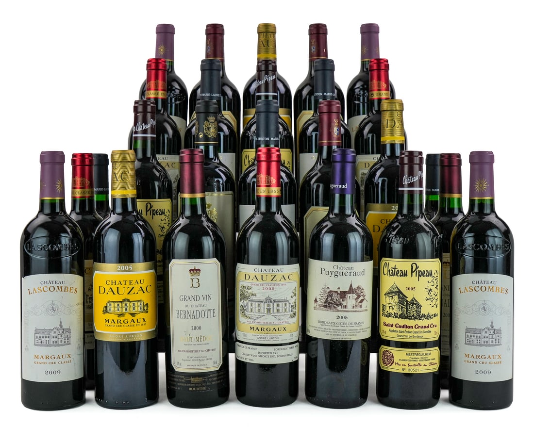 26 Bottles French Red Wine: 26 bottles of French red wine including 4 2009 Chateau Lascombes, 4 2000 Chateau Dauzac, 3 2005 Chateau Pipeau, 3 2000 Chateau DuTertre, 3 2005 Chateau Dauzac, 5 2009 Chateau La Tour De Bessan. Sold t