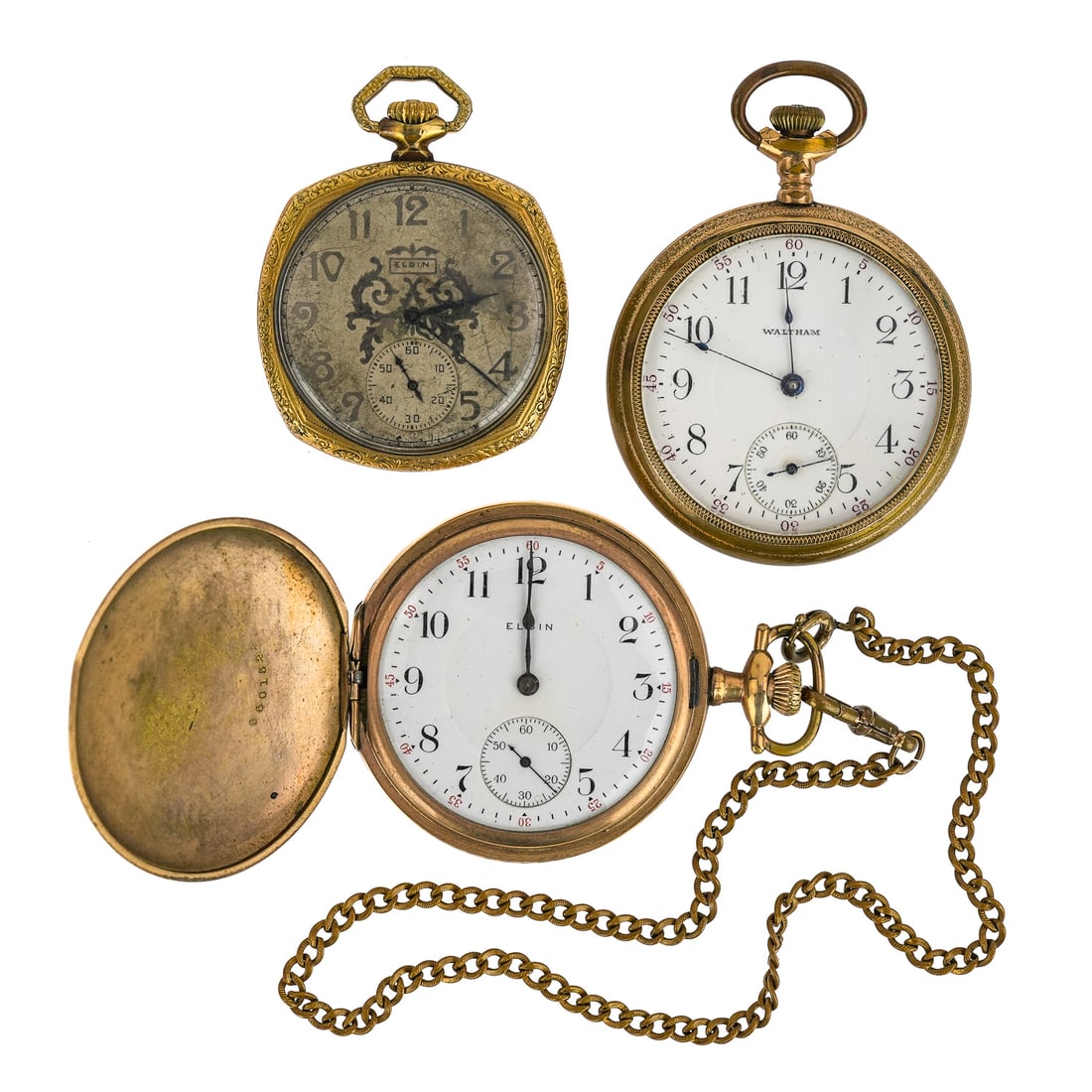 3 Pocket Watches: A group of 3 pocket watches including an Elgin 15 jewel gold filled closed face watch with second hand and Arabic numerals, watch chain, 50 mm case, not running. Waltham gold filled open face, second 