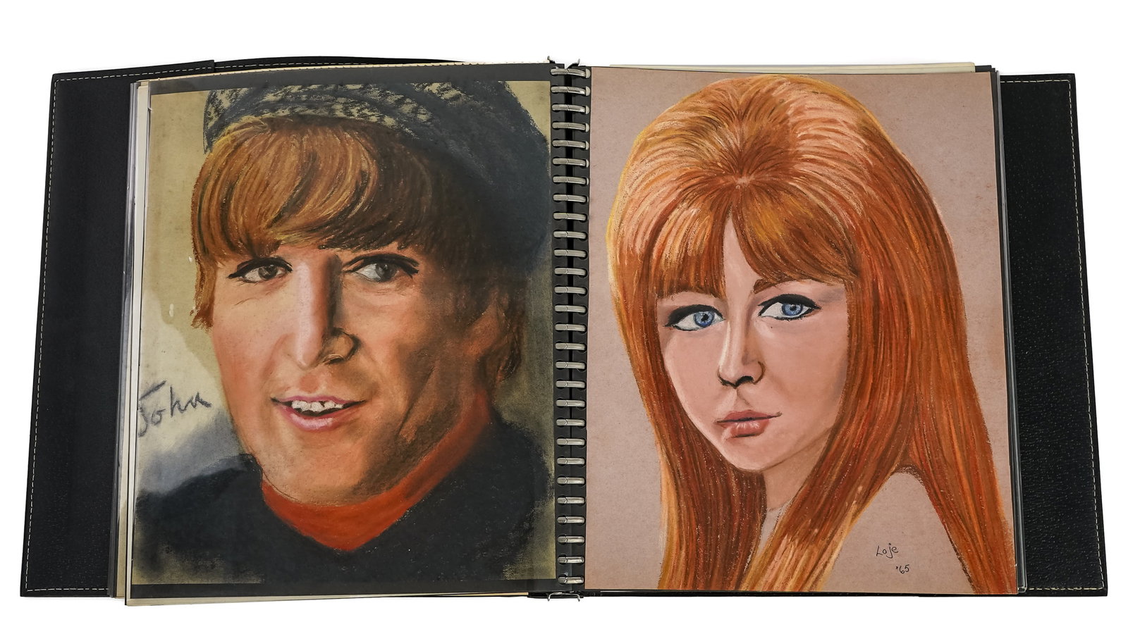 Lorainne Jean Portfolio of Portraits incl Beatles: Lorainne Jean (Artist and Illustrator- Contemporary) Early work presentation binder portfolio of oil crayon pastel portraits incl Beatles- 1964-1980's (42 pcs), each 14" x 11"