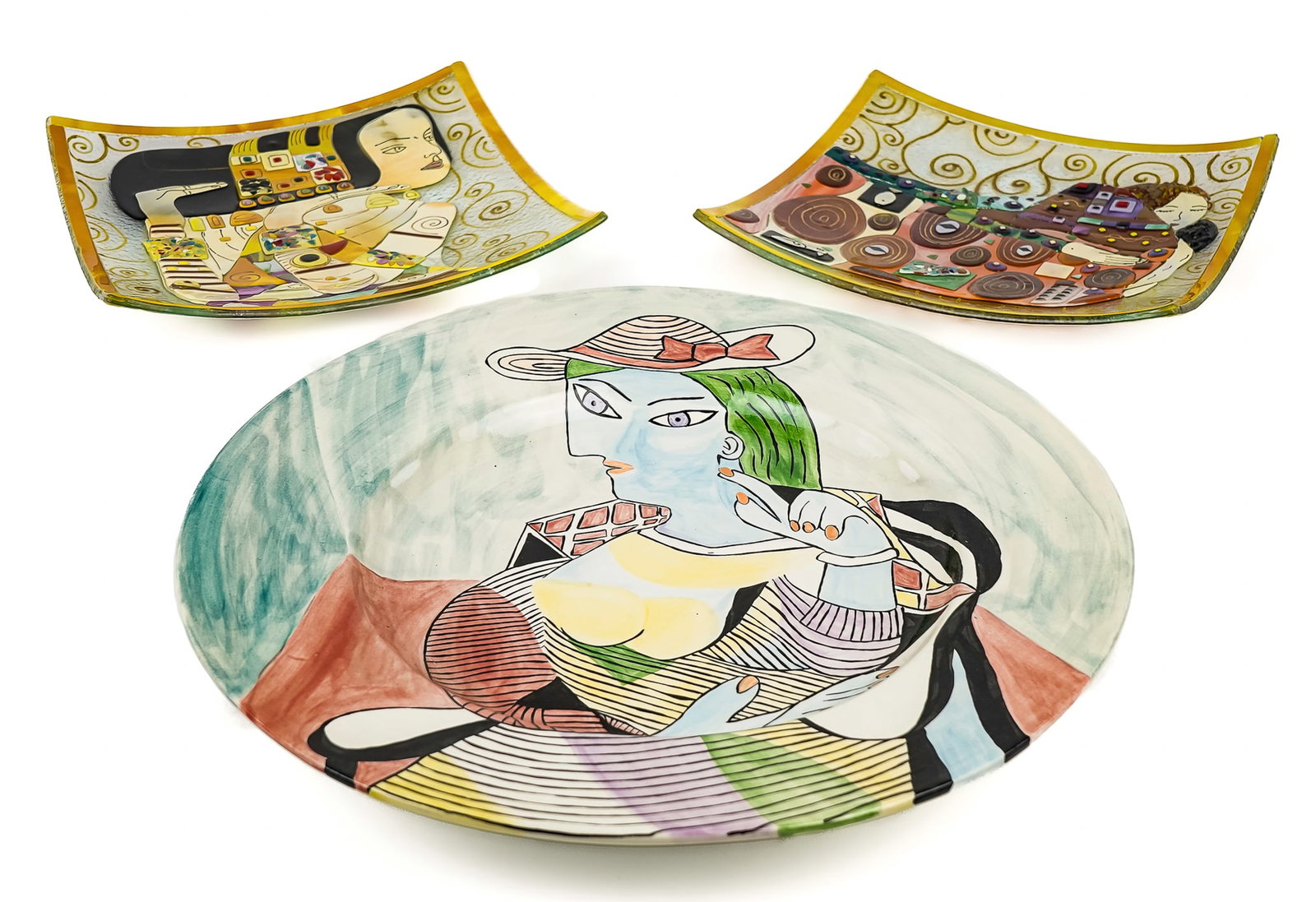 Gustav Klimt Murano Plates, Picasso Tray: Italian Murano mosaic glass Gustav Klimt plates, Caron Picasso charger (3 pcs), lengths/ diameters 11", 16"