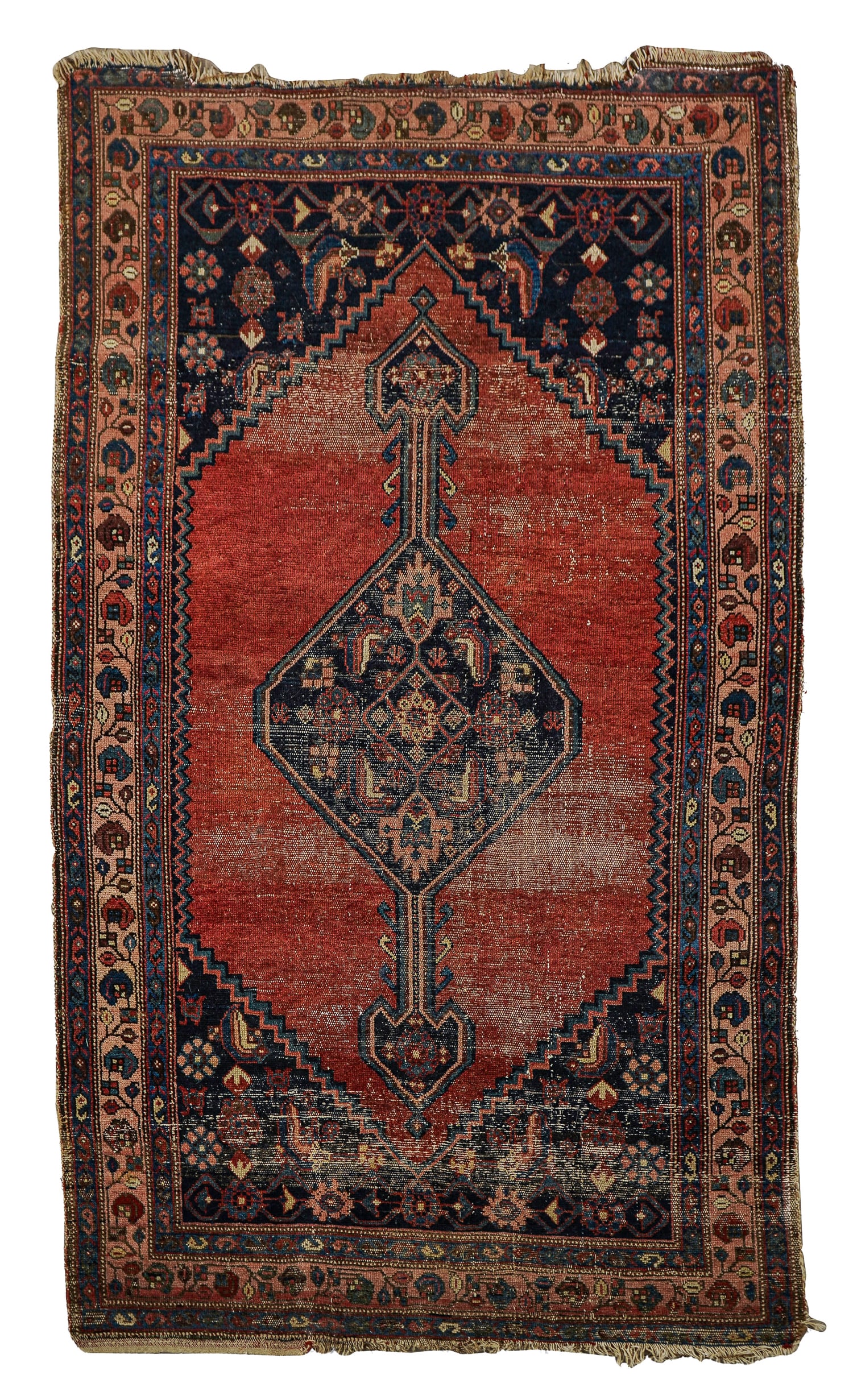 Early 20th c Persian Area Rug: Early 20th c Persian Senna area rug, central medallion, plain red field, some uneven wear, 3' 6" x 5' 10"