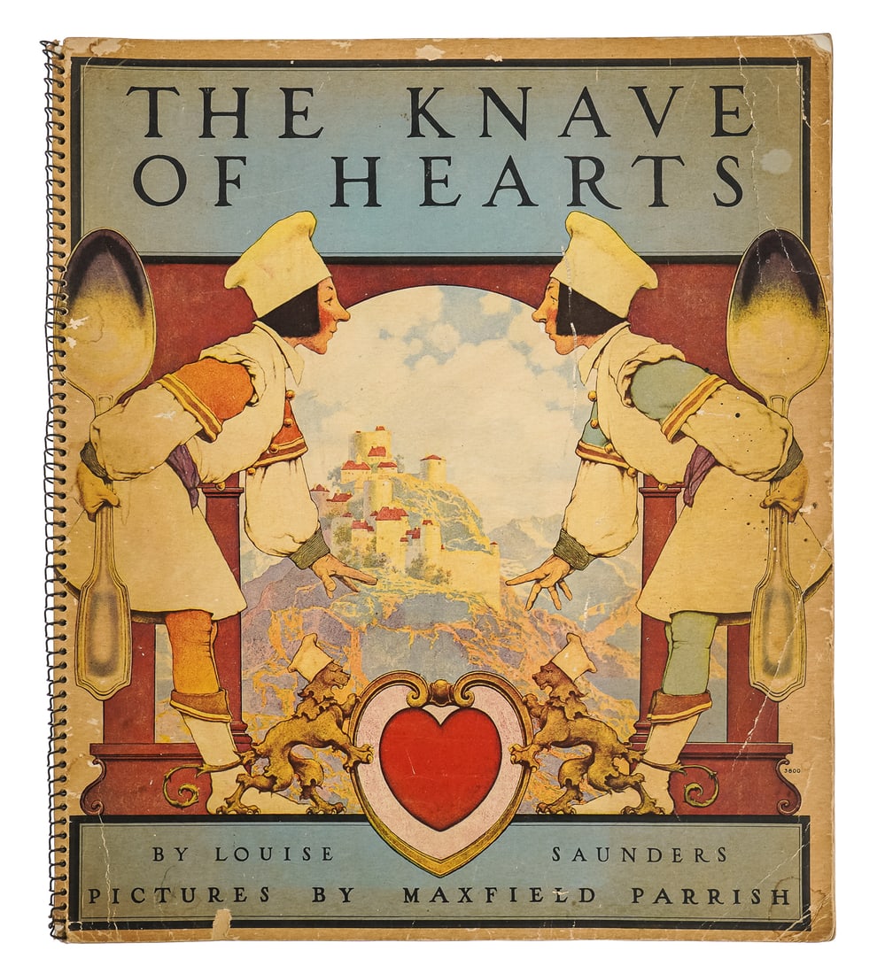 1927 Maxfield Parrish Knave of Hearts: 1927 Louise Saunders "The Knave of Hearts" illustrated by Maxfield Parrish spiral bound soft cover book, cover shows some wear, interior colors bright, 12 1/2" x 11"