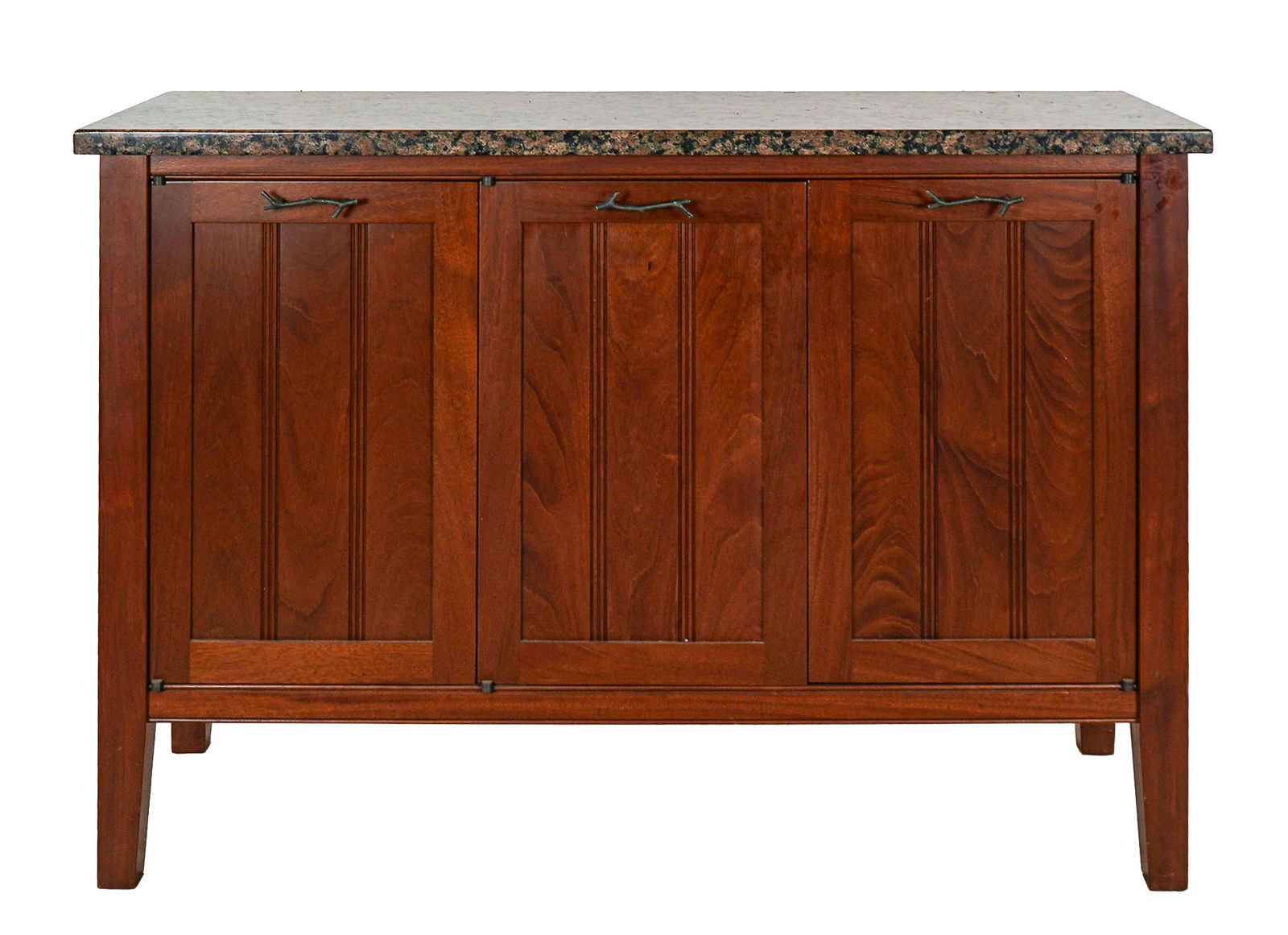 Custom Mahogany & Granite Side Cabinet: Birdseye Wood Shop custom mahogany and granite 3 door side cabinet. Bronze twig pulls, 2 interior shelves. 52" x 18" x 36" h.