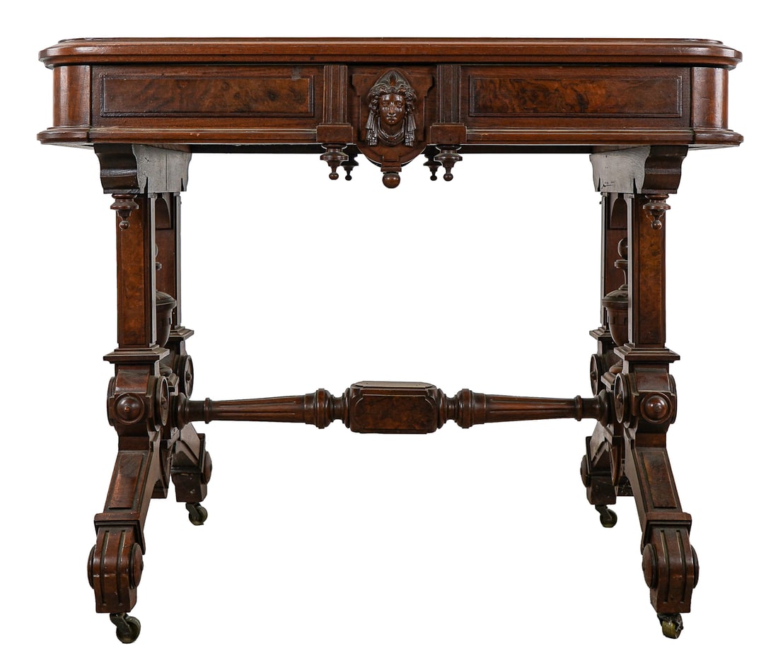 Victorian Walnut & Burl Marble Top Table: Fine Victorian walnut rectangular top table with olive wood burl panels, urns, finials, and rosettes. In-set marble top. Top repaired. Ash secondary. 37" x 22" x 30" h.