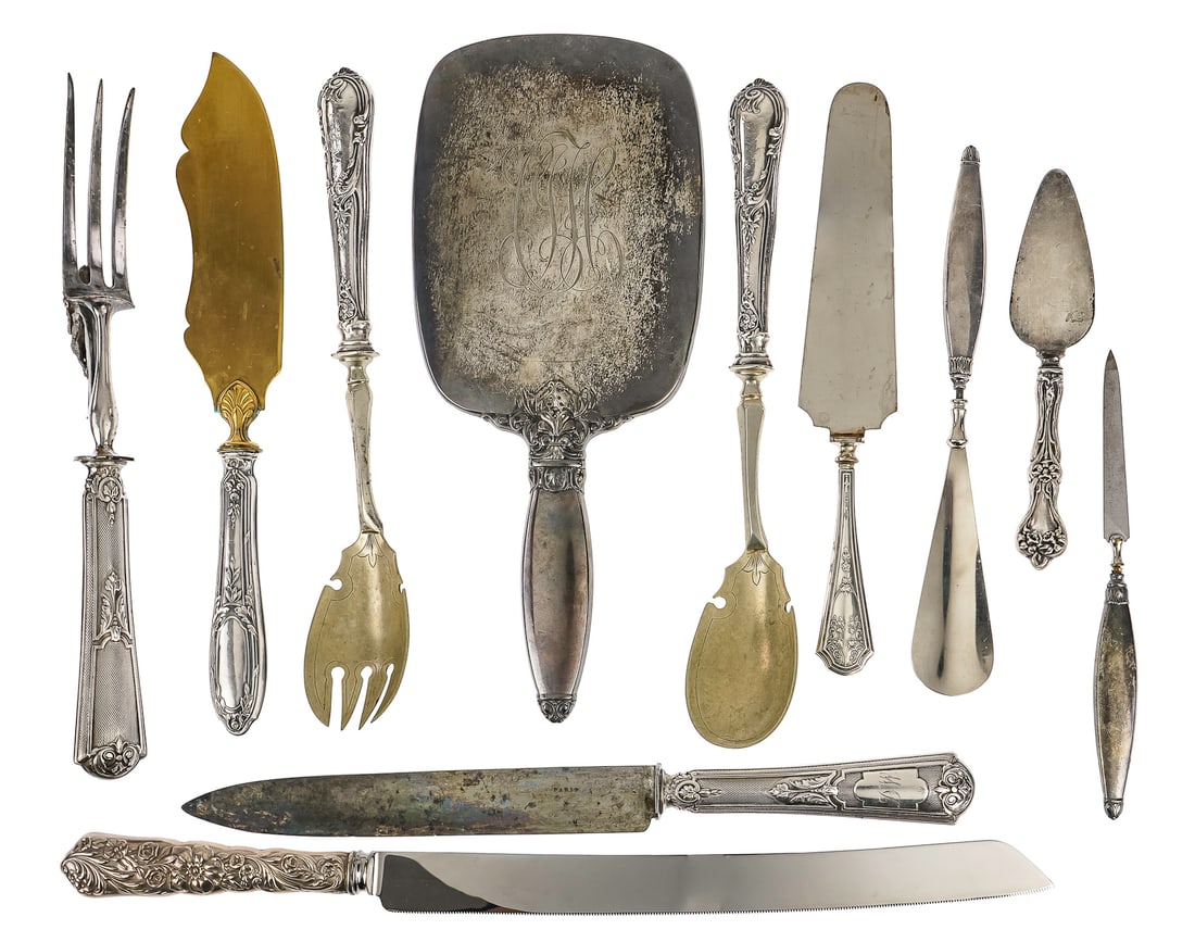 11 pcs. Sterling Handled Cutlery and Vanity Items: 11 pcs. of assorted sterling and silver handled items including including 3 pc. vanity set, Paris carving set with unusual figural leaping stag knife rest, other serving items 6.5"-16"