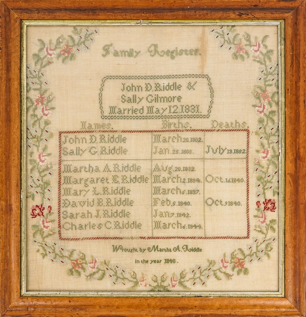1848 Riddle Family, Bedford, NH Family Record: 1848 Riddle family (John Dunlap Riddle 1802-1876 Bedford, NH) needlework family record, wrought by Martha Riddle in 1848, framed 21" x 20"