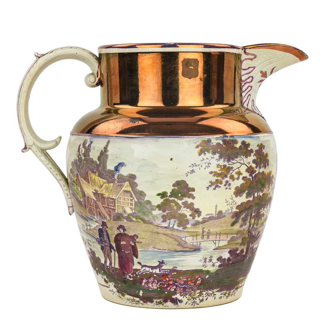 19th c. Geo IV Pink Luster Oversized Show Jug: ca. 1820 pink and copper luster decorated oversized Pearlware soft paste porcelain display or presentation jug, having polychrome scenic transfer decoration of thatched cottage, family with dog, and t