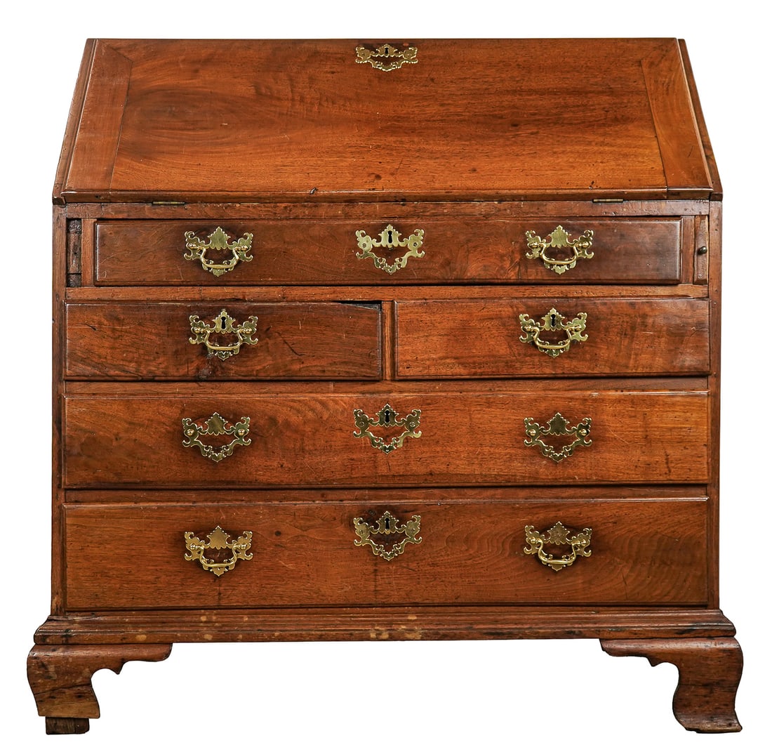 PA 18th c Chippendale Walnut Slant Front Desk: 18th c Pennsylvania Chippendale walnut slant front desk. 2 over 3 drawers, fitted interior, and bracket base. Lid repaired at lock. Previously belonging to John Bassett Moore, Assistant Secretary of S