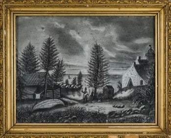 Mid 19th c Sandpaper Picture with Indians