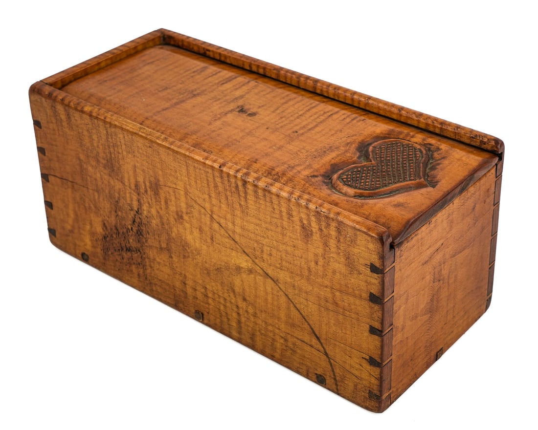 19th c Dovetailed Candlebox with Carved Heart: 19th c tiger maple candle box with slide top, dovetailed construction, carved heart on slide, likely Quebec, refinished, good condition, 12" x 5 1/4" x 5"