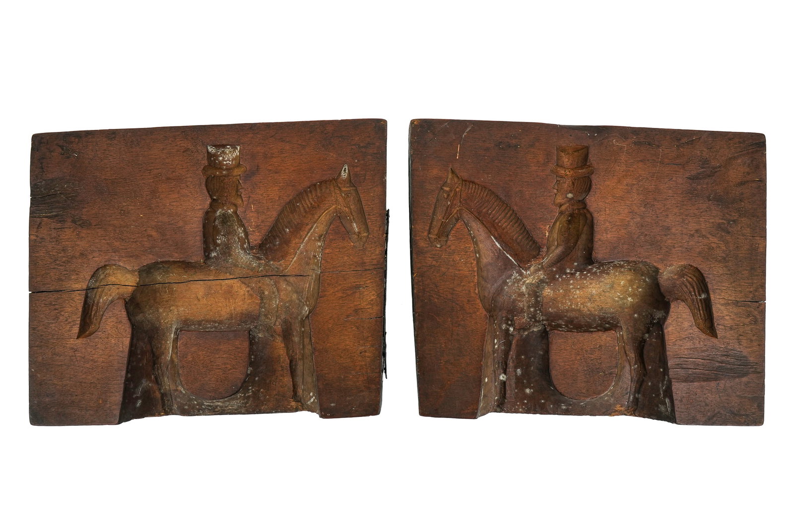 19th c Carved Wooden Two Part Sugar Mold: 19th c carved wooden 2-part maple sugar sugar mold, horse and rider, likely Northern New England or Quebec, one half with old tin & nail make-do repair, each 10 1/4" x 8 3/4" x 1"