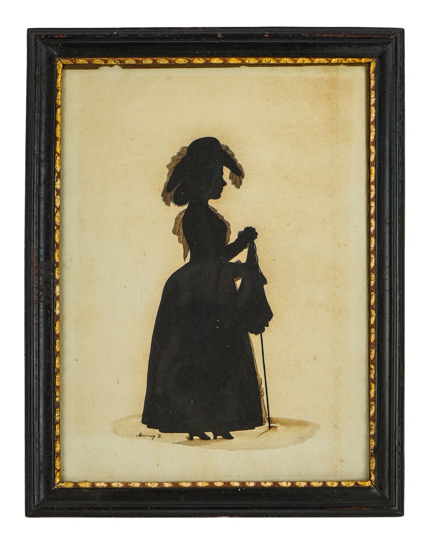 19th c Silhouette of a Lady: 19th c watercolor & ink silhouette of a lady with hat, parasol, and bustle signed Hoernig, ink note on back says Nesner, good condition, overall in frame 9" x 12"
