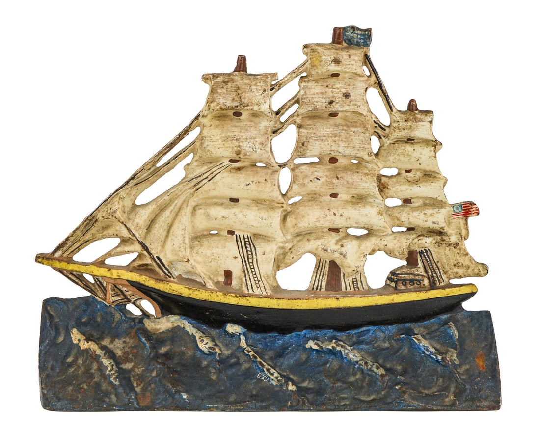 Large Clipper Ship Cast Iron Door Stop: Early 20th c large cast iron clipper ship doorstop, excellent original paint and condition, length 12", ht 9 1/2"