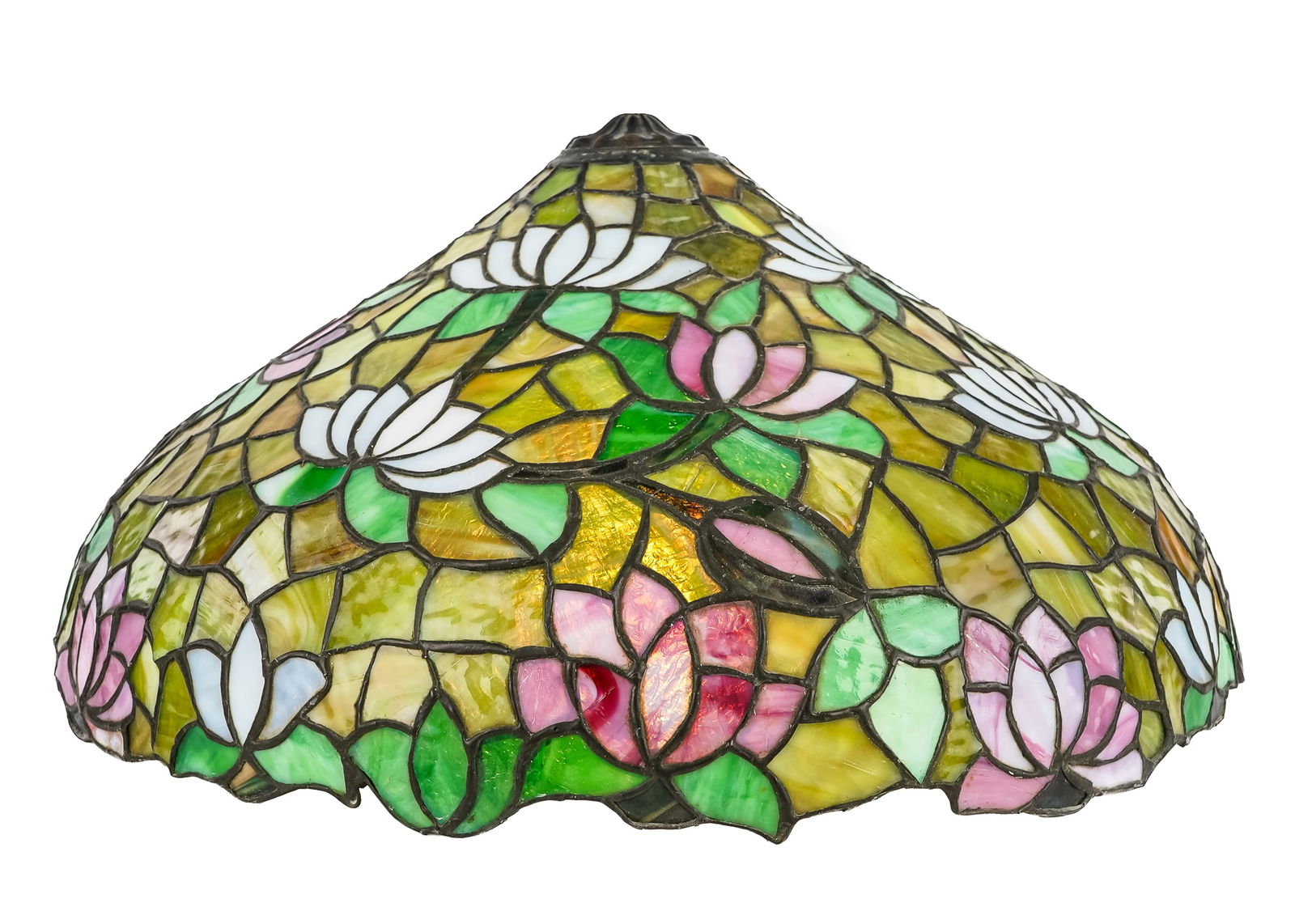 Chicago Mosaic Leaded Glass Hanging Dome: Attributed to Chicago Mosaic "Water Lily" pattern bronze & leaded stained slag glass hanging dome light fixture, ca 1910, diameter 24"