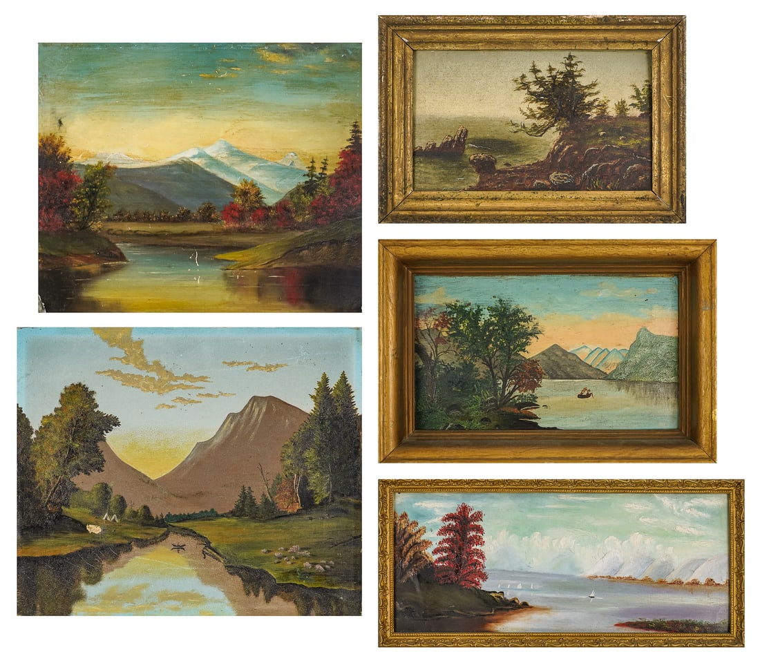 Five Small 19th c Primitive Landscape Paintings: Five charming 19th c landscape paintings three framed,- Four oil on board minor imperfections as shown. - 7.5 x 11.5" -10 x 12"