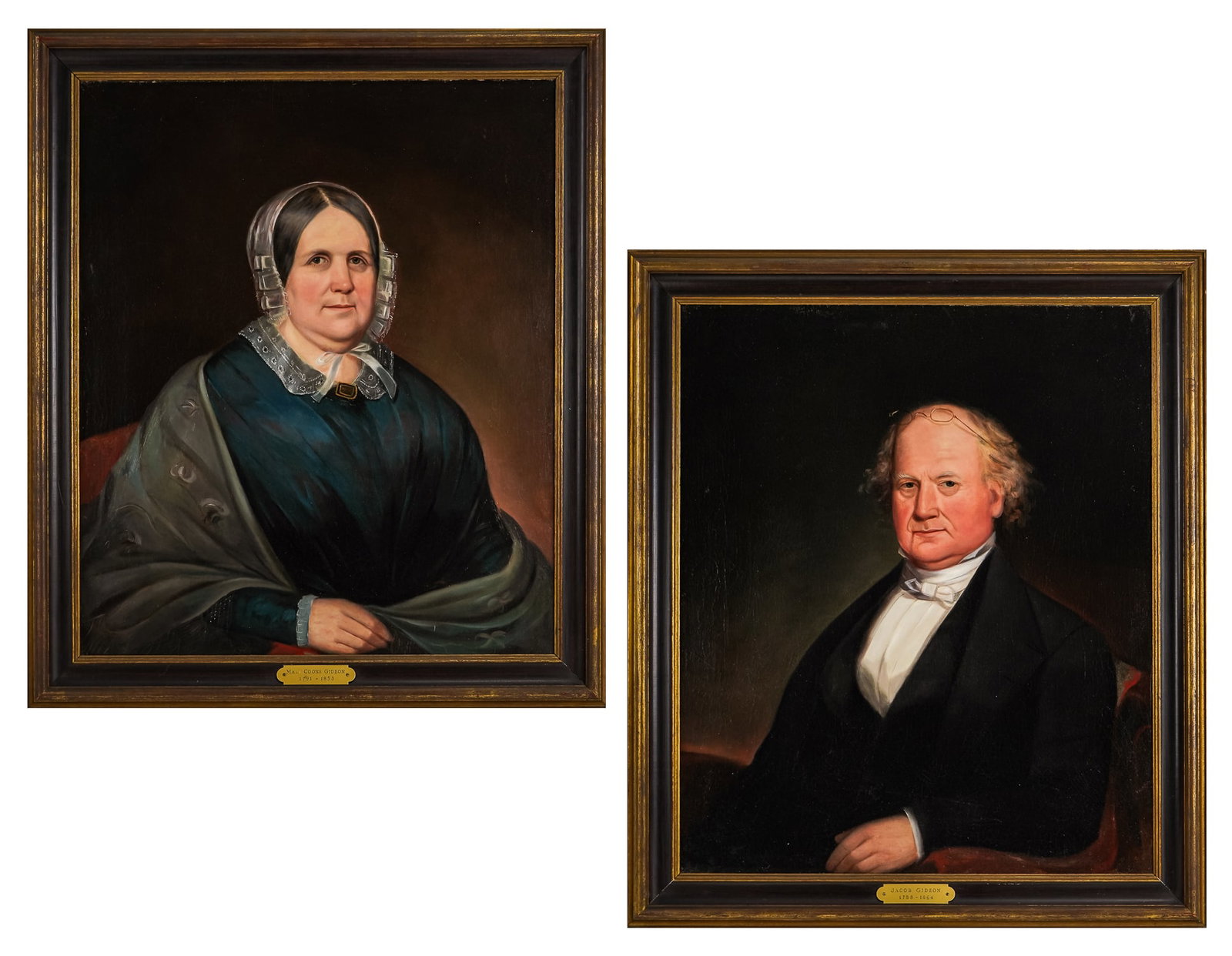 Two ca 1850 portraits attr. John Mix Stanley: Pair of Circa 1850 American School Portraits of a stately older couple - Attributed to John Mix Stanley (Am 1814-1972) by Dr. Julie Schimmel of the National Portrait Gallery in 1983- sitters identifie