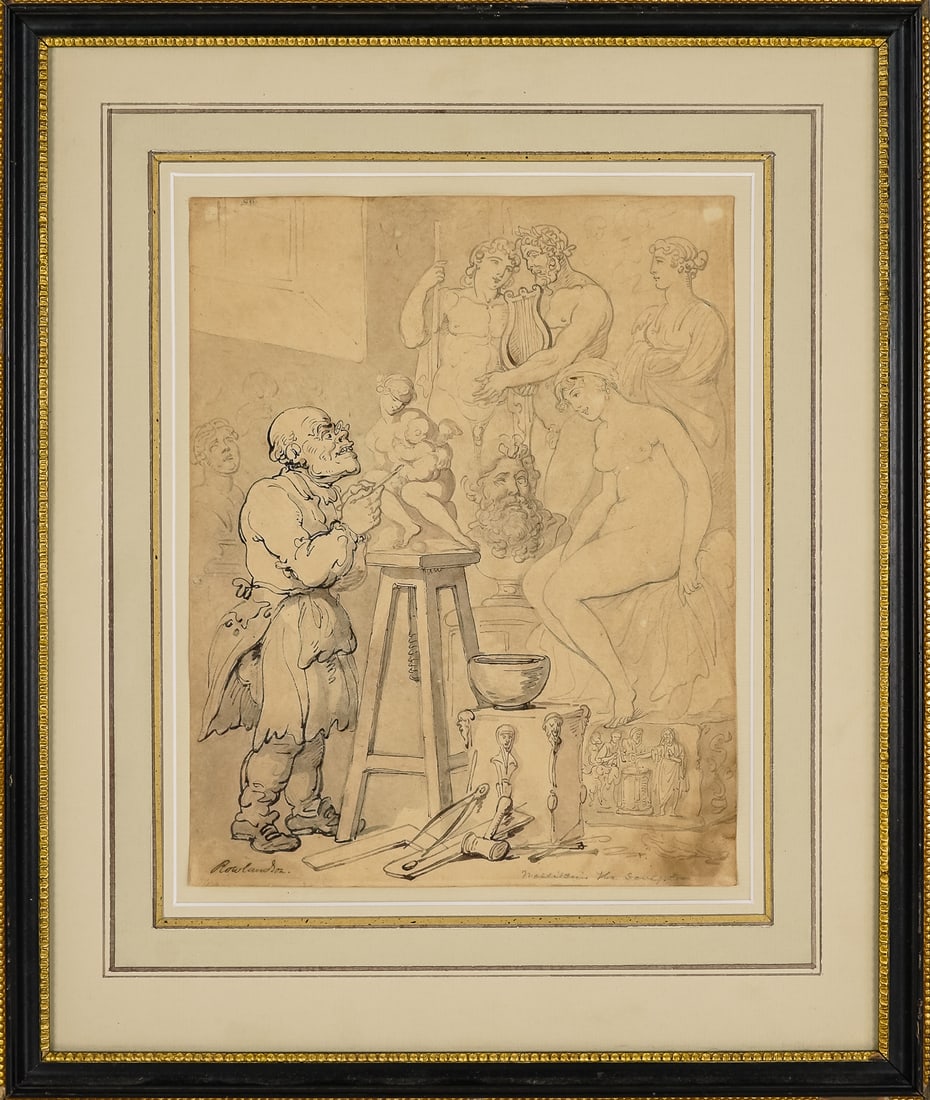 Thomas Rowlandson (EN 1756-1926): Thomas Rowlandson (English 1756-1926) the sculptor,-pen and ink signed lower margin identified- 17 x 15"