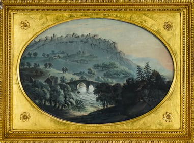 19th c pastel/ sand paper landscape with bridge