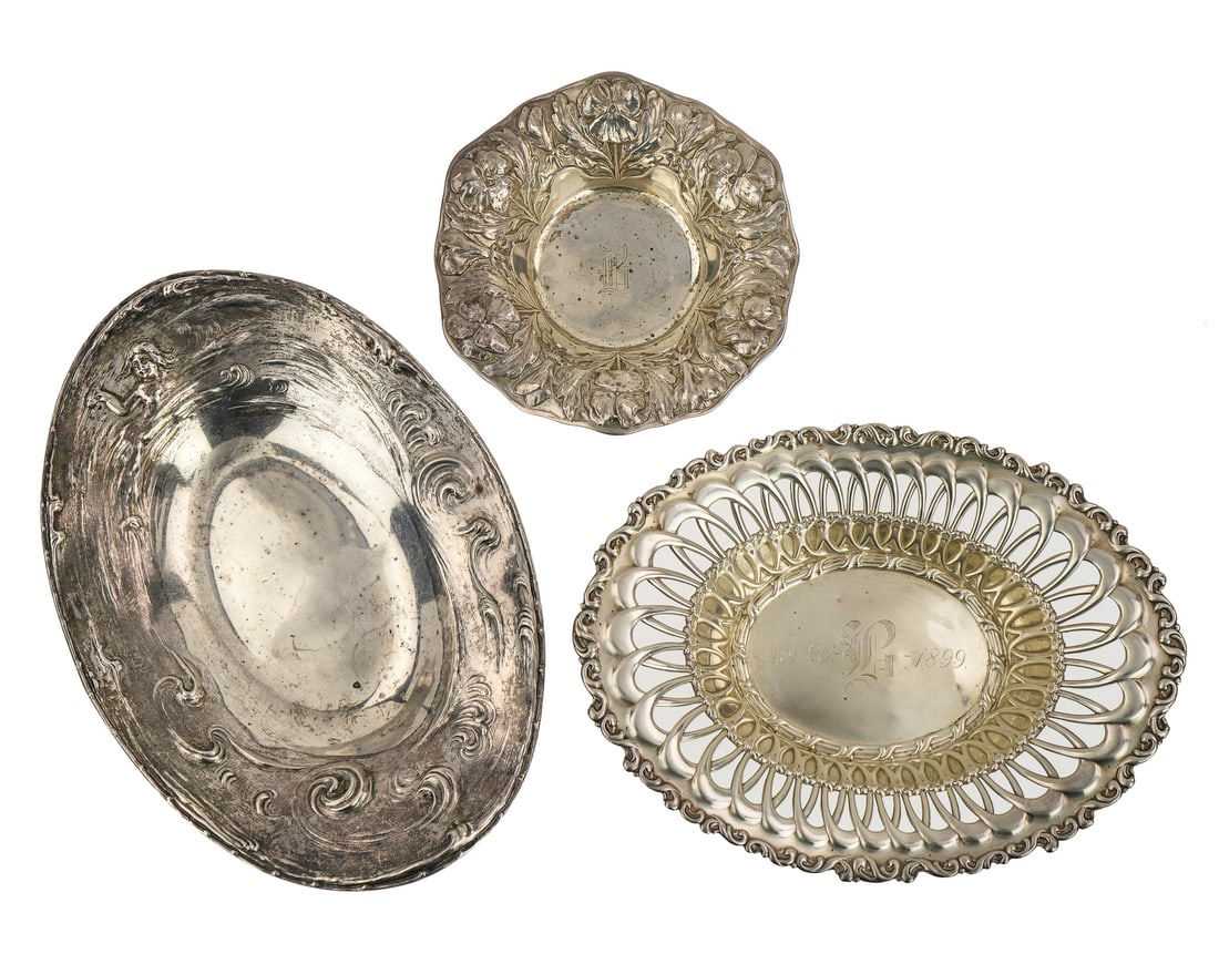 3 Art Nouveau Era Sterling Silver Dishes: 3 Art Nouveau sterling silver dishes, including Simpson, Hall and Miller oval bowl with mermaid among cresting sea waves, 1899 Whiting reticulated lattice basket, and Gorham pansy repousse bowl 5.5"-9
