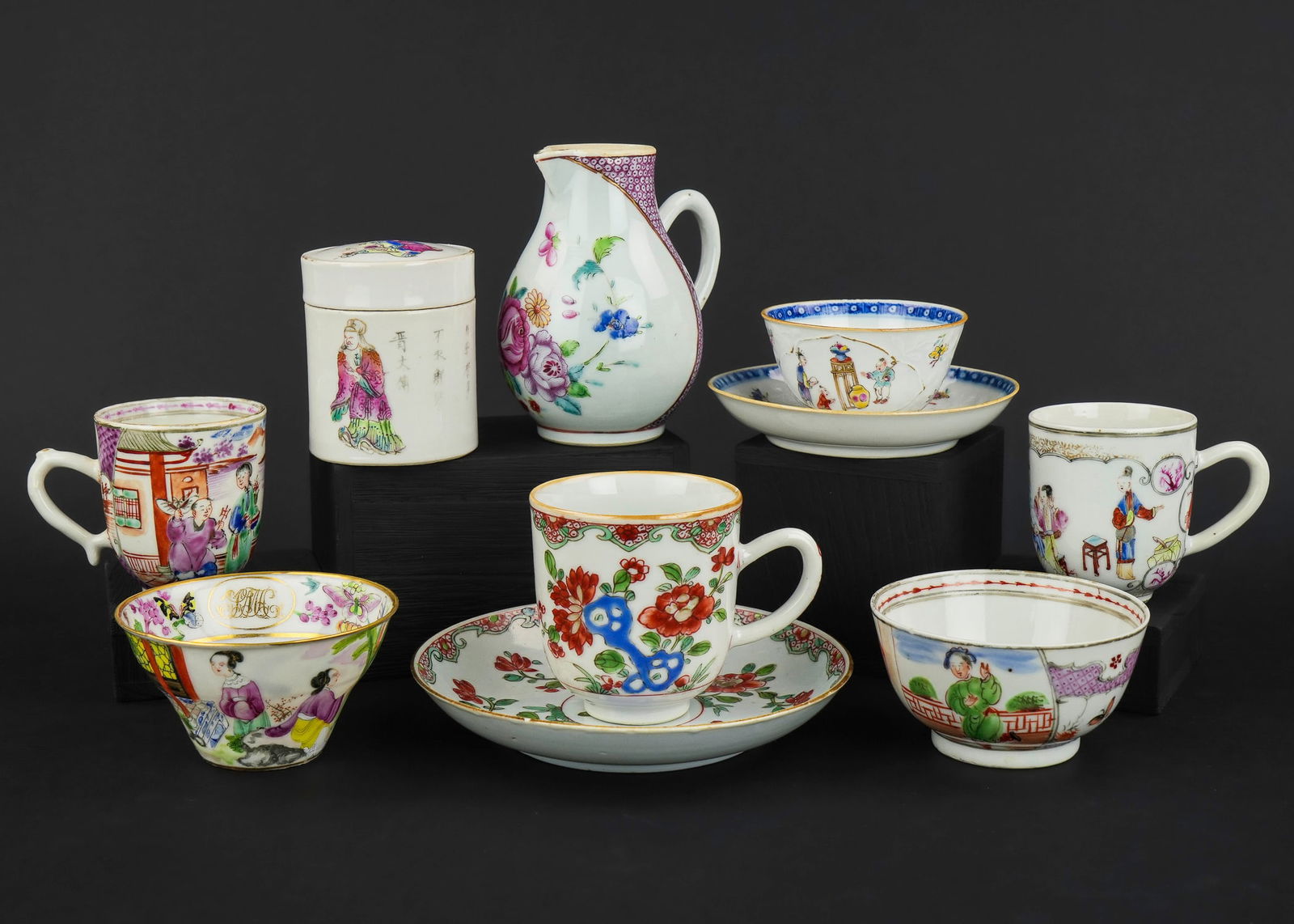 10 pcs. Chinese Famille Rose and Scenic Porcelain: 10 pcs. Chinese export porcelain Qianlong period tableware including Famille Rose creamer, scenic decorated tea cups, dresser jar, etc. ht. 2"-4.5"
