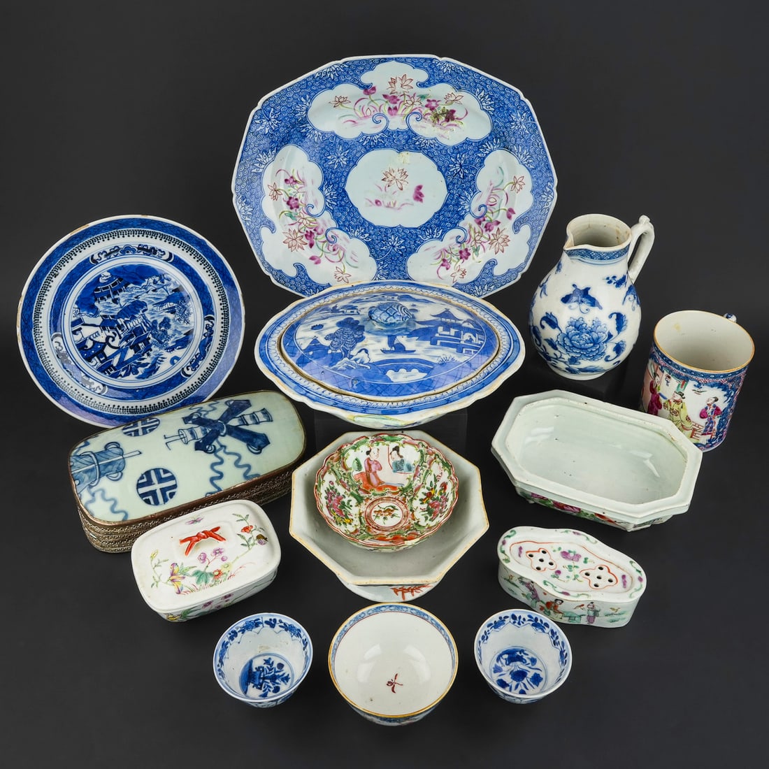 14 pcs. Assorted 19th c. Chinese Export Porcelain: 14 pcs. assorted 18th/19th c. Chinese export porcelain including a pair of small blue and white decorated cups, scenic tankard mug, soap dishes, Rose Medallion bowl, Canton blue willow plate and cover