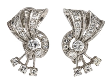 Ca. 1940 14k White Gold & Diamond Earrings