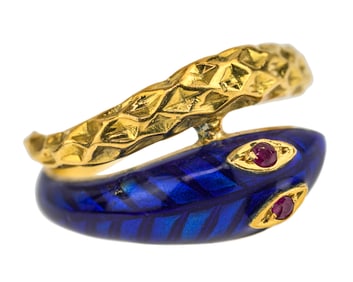 Yellow Gold, Blue Enamel, & Ruby Snake Ring
