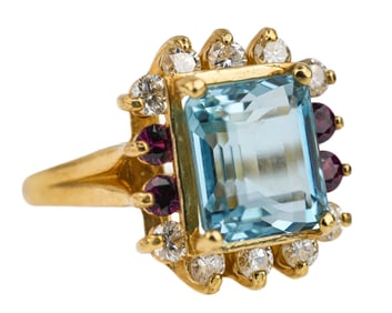14k 3 CT Aquamarine, Diamond, & Ruby Ring