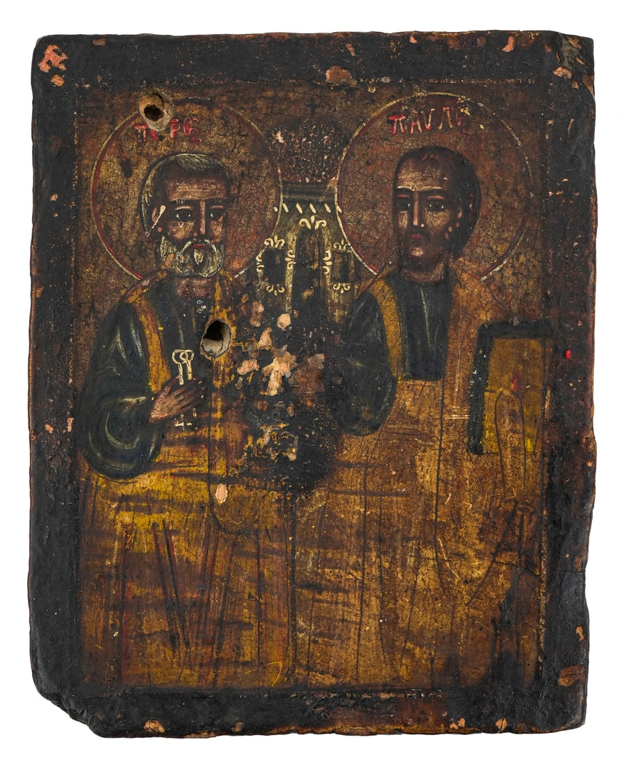 Small 16th c Russian Saints Icon: Small 16th c Greek Orthodox Russian "Saints" icon, egg tempera on gesso & wood, hewn back, 6 1/2" x 5 1/4" x 3/4"