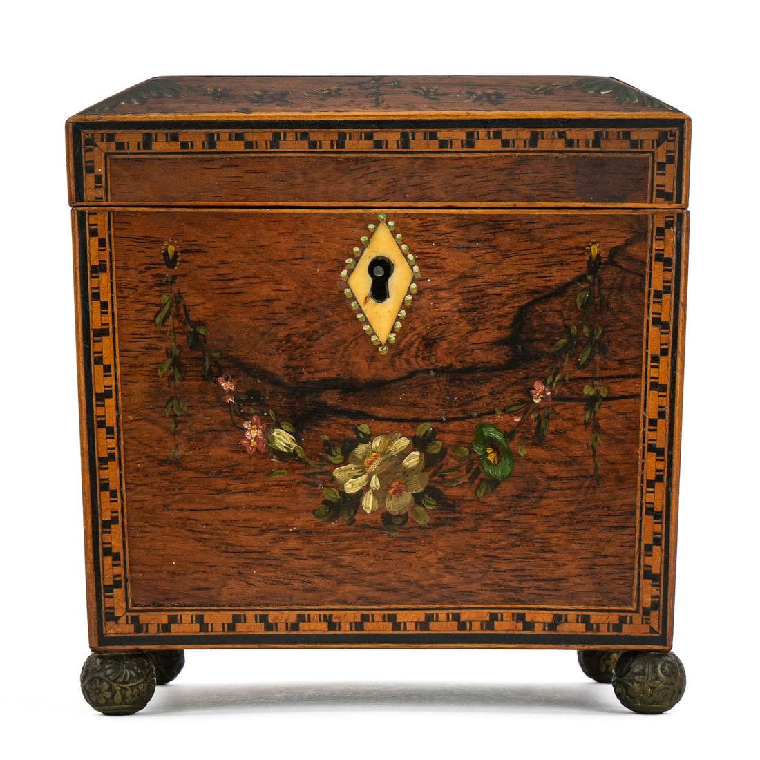 Miniature Inlaid Mahogany Tea Caddy: Early 19th c English inlaid mahogany tea caddy/ valuables box with paint decoration, velvet lining, 5 1/2" x 5 1/2" x 4 1/4"