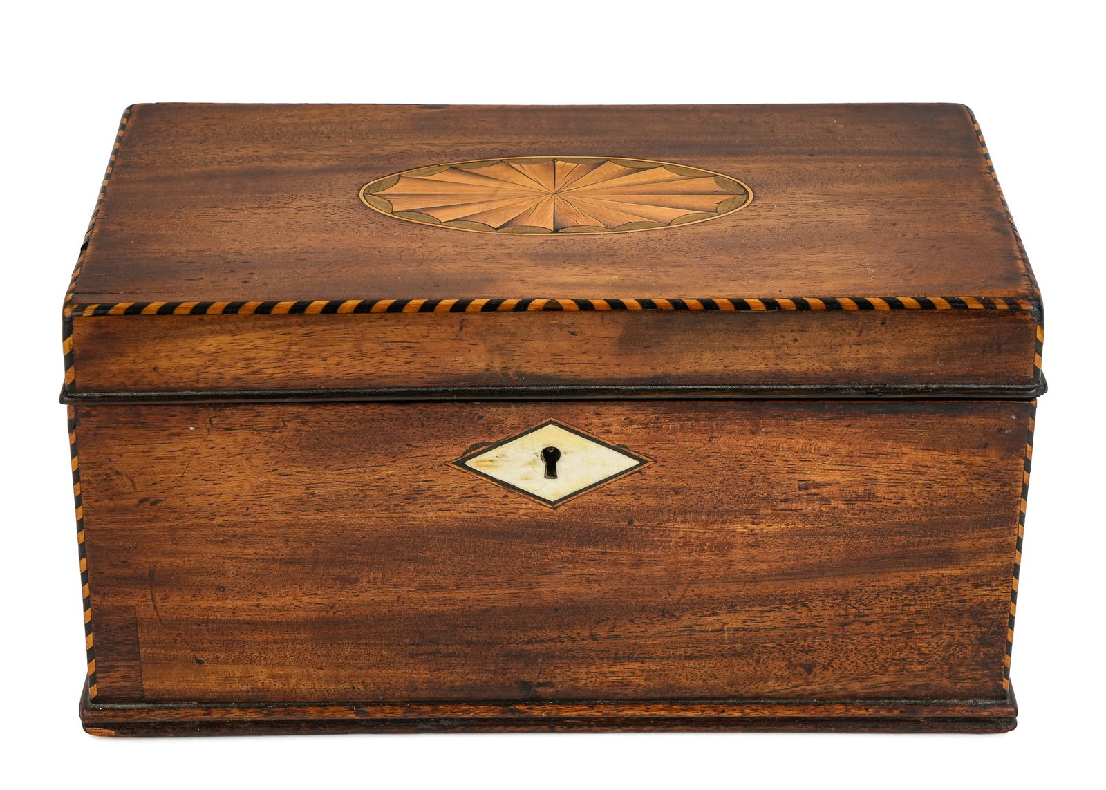 English Inlaid Mahogany Tea Caddy: Early 19th c English inlaid mahogany tea caddy with 3 sections, 10" x 5" x 5"