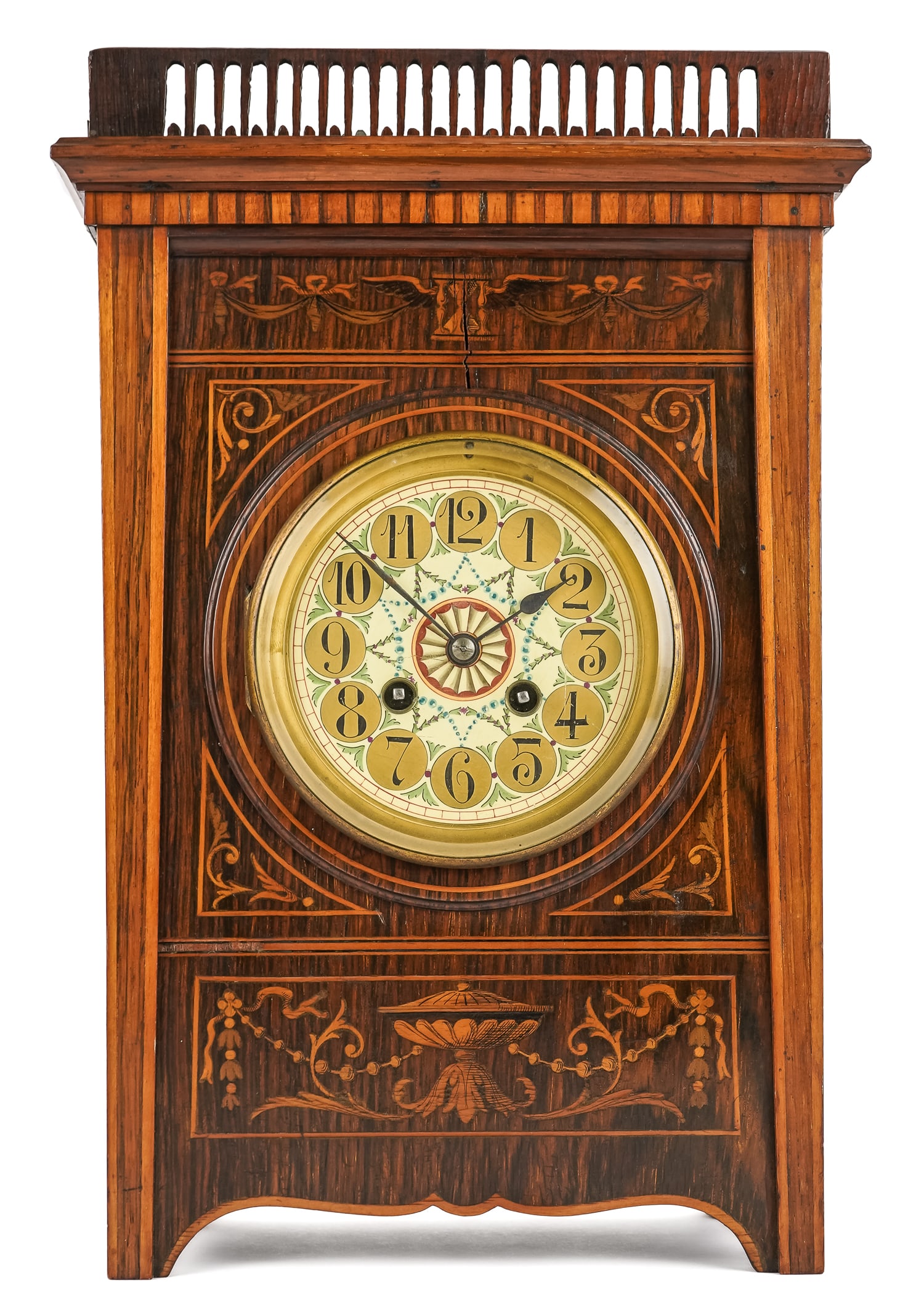 English Parquetry Inlaid Bracket Clock: Late 19th c English parquetry inlaid bracket clock with unmarked brass works, 14 1/2" x 10" x 6"