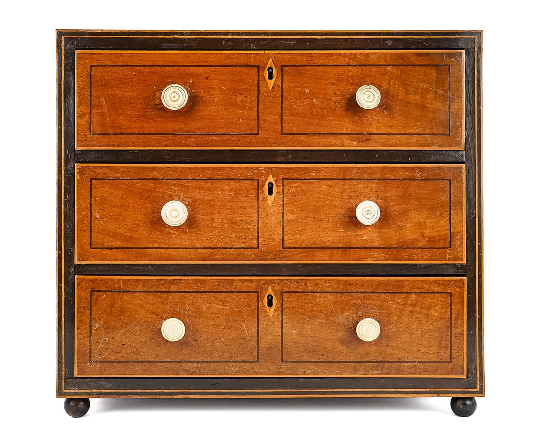 English Inlaid Mahogany Sewing Box: 19th c English inlaid mahogany sewing box/ jewelry box, with fitted till in top drawer, dovetailed construction, 14" x 12" x 10"