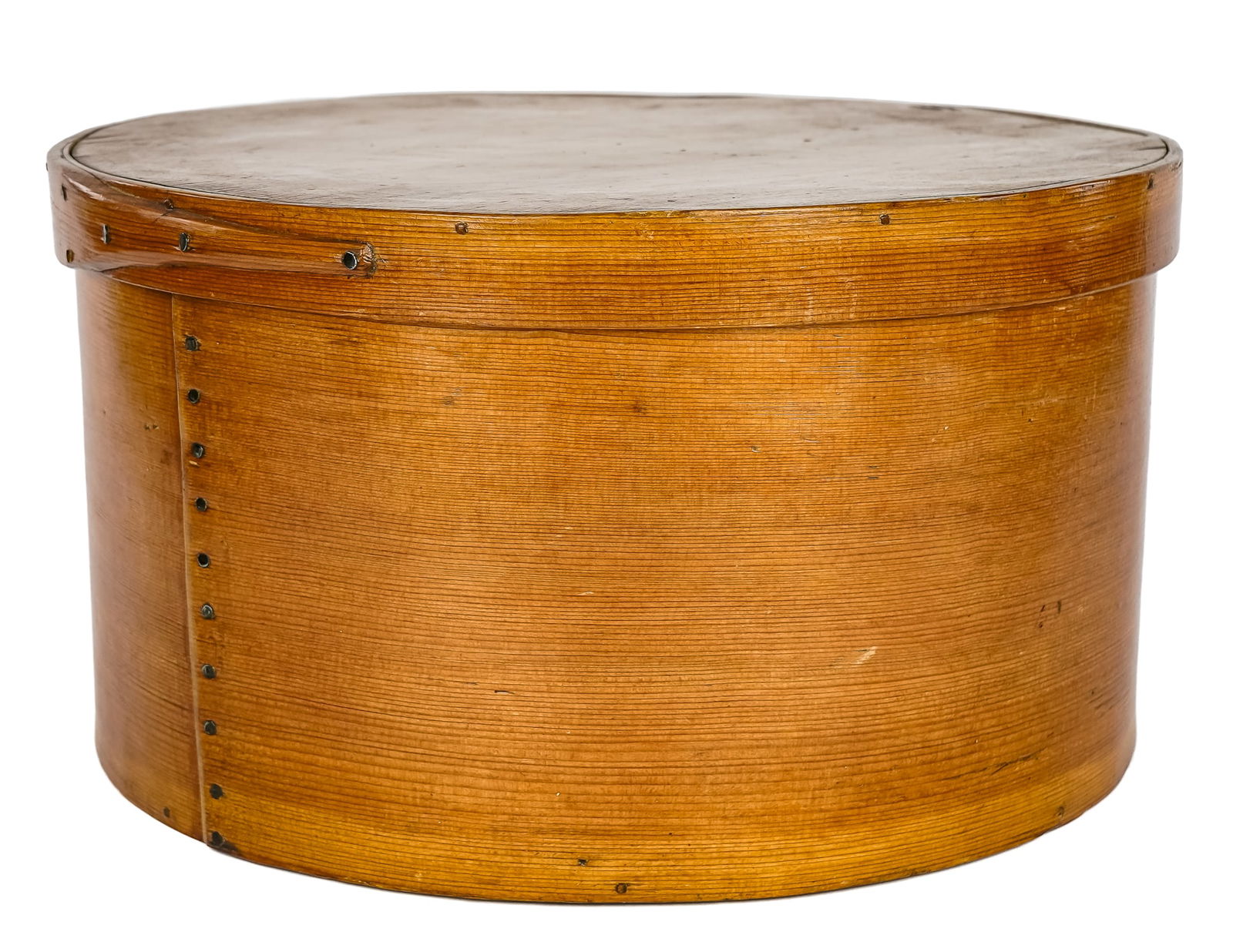 Large 19th c Pantry Box with Lid: Large 19th c pantry box with lapped lid, nailed and pegged construction, refinished, overall very good condition, diameter 15 1/4", ht 8 1/4"