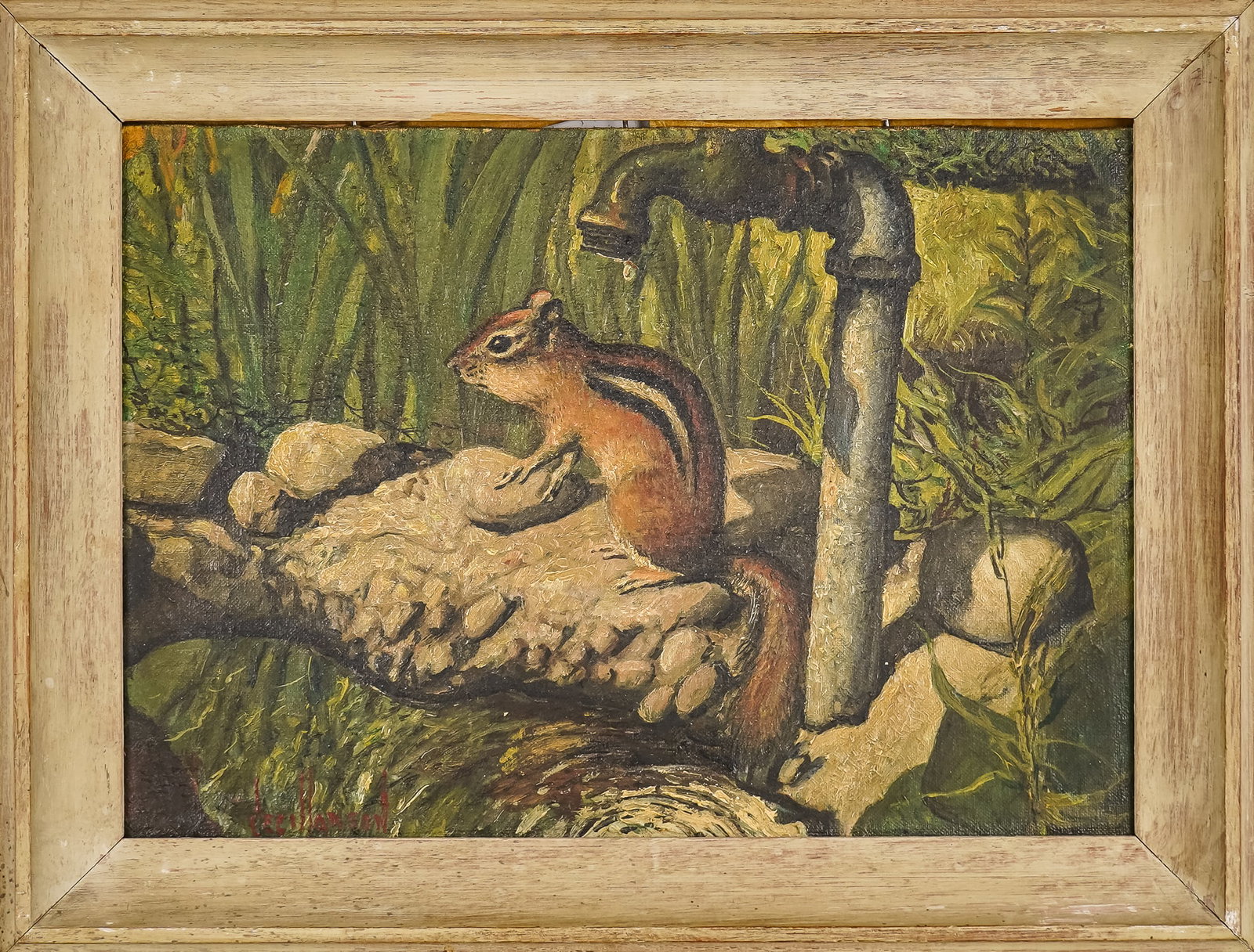 Cecil B Larson (VT 1908-) Chipmunk: Cecil B Larson (Vermont 1908-) Chipmunk oil on board signed lower left 10 x 14" 13 x 17" as framed.