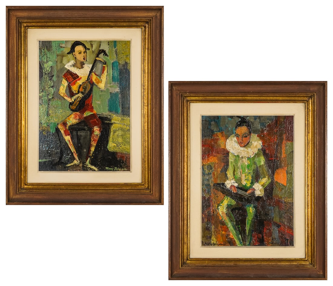 Mary Bryan (VT 1907-1978) Two Harlequins: Mary Bryan (Vermont 1907-1978) Two oil on board paintings of Harlequins one with lute and one with zither both signed and identified- 14 x 10" 20 x 16" as framed,