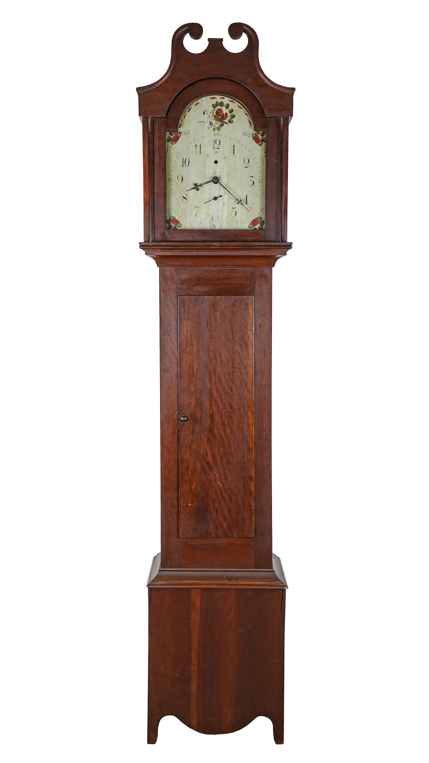 Federal Cherry Tall Case Clock: Fine New England flame cherry tall case clock with peafowl & fruit decorated face, original hands, wooden works. Overall good condition. 7' high.