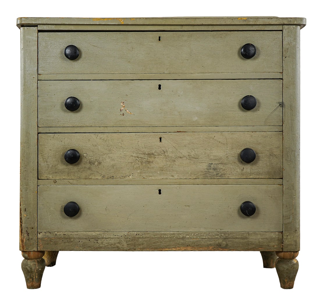 Ca. 1840 Putti Painted 4 drawer Chest: Vermont ca. 1840 putti painted 4 drawer chest with round knobs. Basswood. 39" w x 36" h x 17" d.