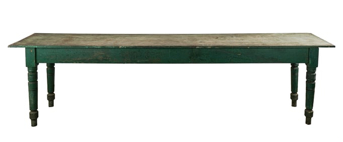 10 Foot 19thc Green Turned Leg Country Store Table