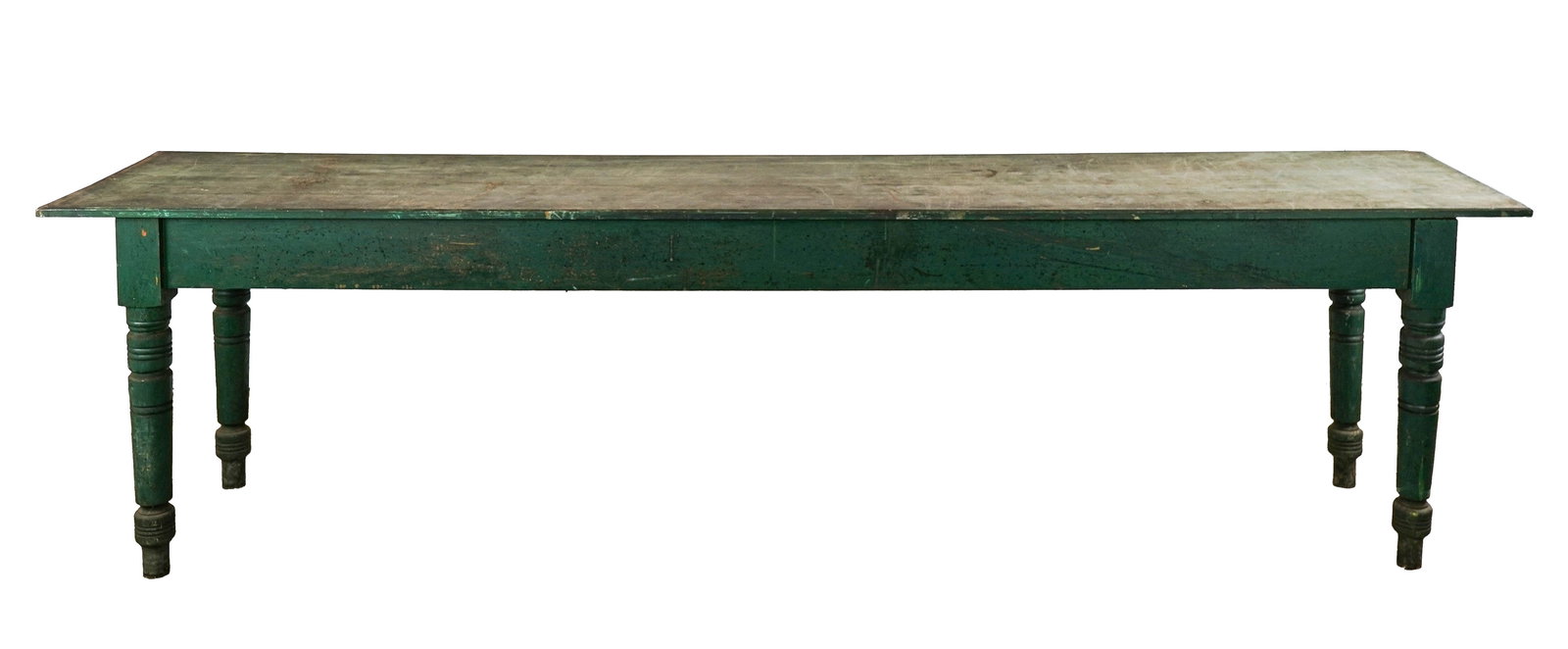 10 Foot 19thc Green Turned Leg Country Store Table: 19th c Country store table in green paint. 34" h, 10' long, 31" wide.