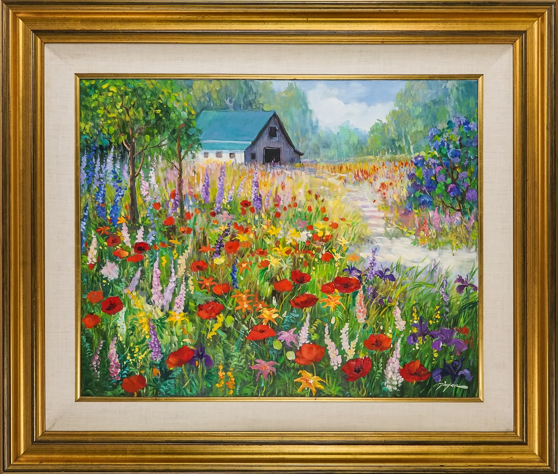 Chan Tinyan (CN 1942-) Garden in June: Chan Tinyan (Chinese 1942-) Garden in June oil on canvas signed lower right identified reverse - 24 x 30" 36 x 42" as framed.