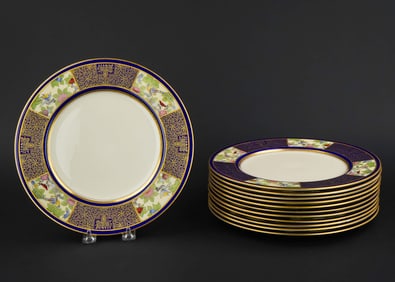 12 Lenox Cobalt Oriental Bird Dinner Plates
